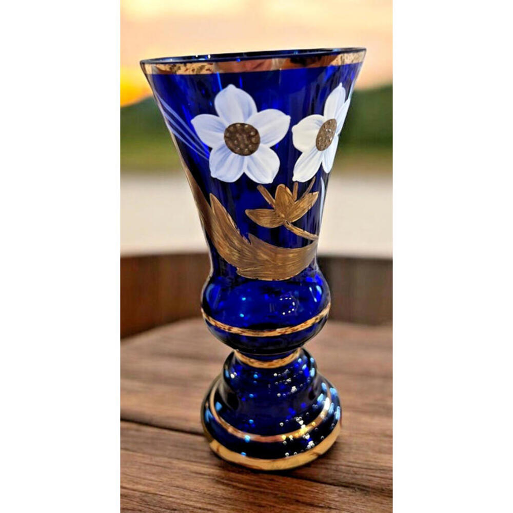 Vtg 6.5" Cobalt Blue Bohemian Glass Vase Hand Painted Enamel Flowers & Gold